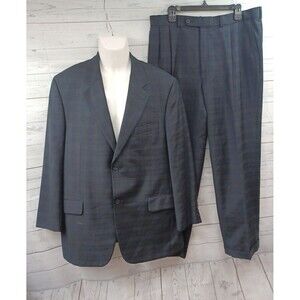 Paul Dione Wool Suit Sport Coat Blazer Dark Blue Windowpane 43R Pants 36x28.5